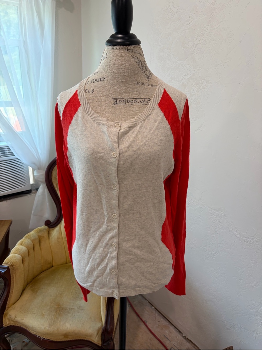 CAbi Red and Cream Button-Front Raglan Cardigan